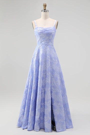 Blue A Line Cowl Neck Floral Jacquard Long Bridesmaid Dress with Slit